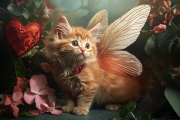 A whimsical kitten with sparkling fairy wings sits among colorful flowers, filling the air with a sense of wonder and enchantment in a beautiful floral haven.