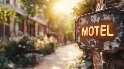 Obraz premium Vintage Neon Motel Sign with Sunlight in a Quaint Setting