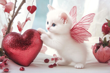 A tiny white kitten with delicate fairy wings curiously inspects a red glittery heart in an elegant scene, its playful spirit adding magic to the beautiful surroundings.