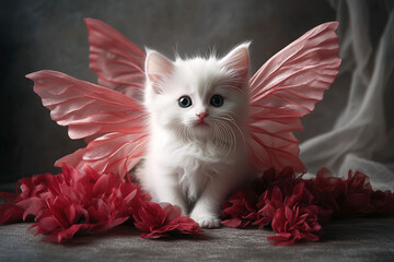 The whimsical white kitten with fairy wings creates a dreamlike atmosphere in a stylish, understated setting, its beauty and grace adding a magical touch to the space.