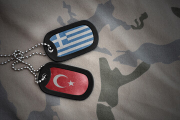 vintage army blank, dog tag with flag of greece and turkey on the khaki texture background....