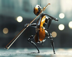A robotic figure plays a cello. AI.