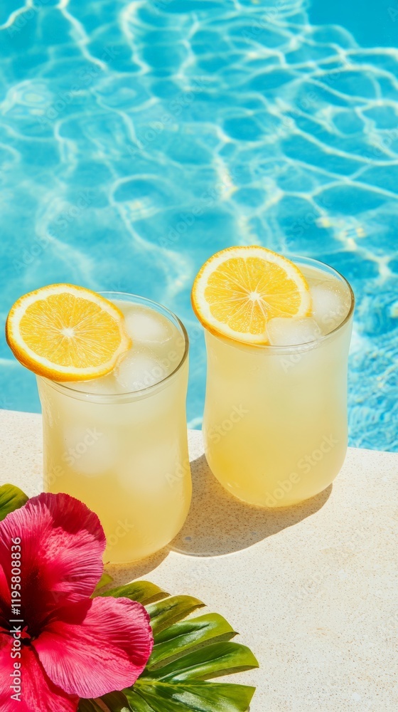 Poster two glasses of refreshing lemon cocktails with ice and lemon slices sit poolside, accompanied by a v