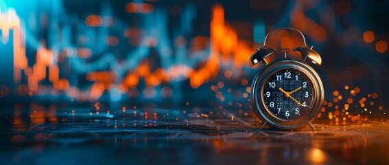 Time management techniques for business professionals analyzing market trends using an alarm clock in a modern office environment