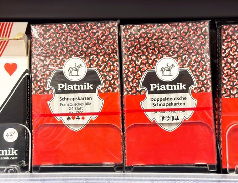 Piatnik playing cards display with german and french decks in store