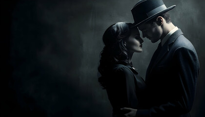 Classic noir elegant couple in love with copy space
