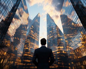 Fototapeta premium A businessman stands between skyscrapers at sunset. AI.