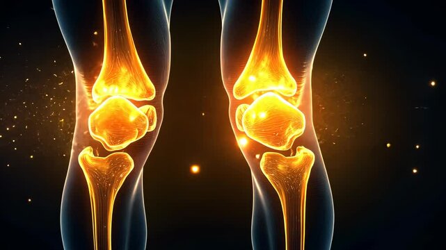 Glowing X-ray view of human knee joints with golden highlights. Symbol of health and care for World Health Day. High quality 4k footage