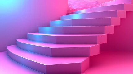 Pink Neon Staircase: A modern, stylish curved staircase bathed in vibrant pink and blue neon lighting creates a visually striking and surreal atmosphere.