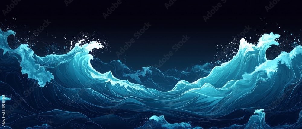 Poster powerful dark ocean waves crashing dramatically with a blank space for text in the center
