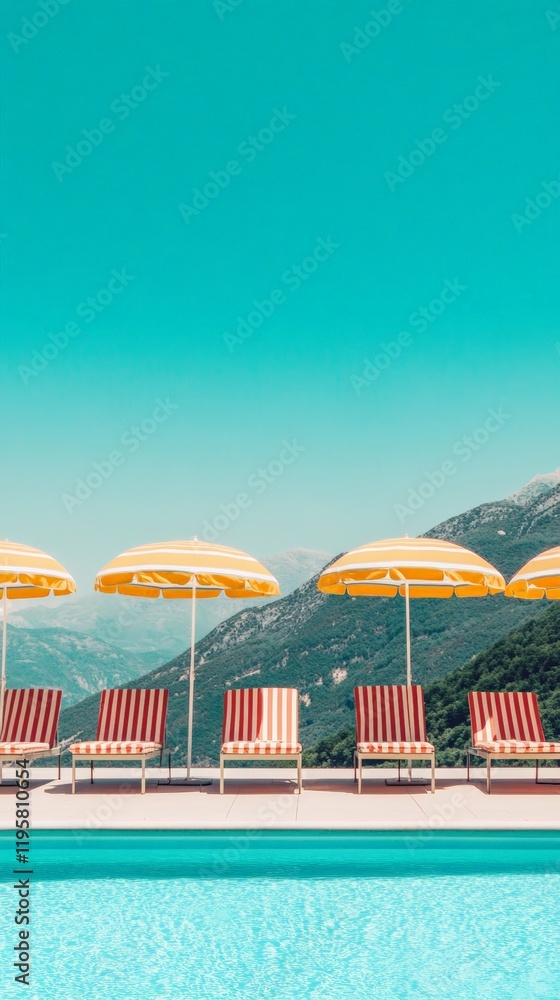 Poster deck chairs and yellow parasols are lined up next to an infinity pool overlooking a mountain range, 