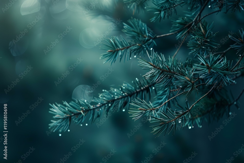Poster close up of pine tree branches with dew drops, creating a serene and atmospheric scene