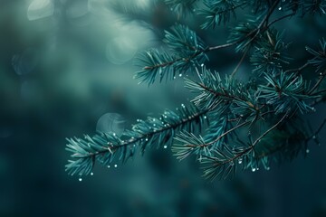 Obraz premium Close up of pine tree branches with dew drops, creating a serene and atmospheric scene