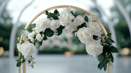 luxury wedding decor, elegant wedding arch decorated with white roses and greenery beneath a modern glass ceiling, illuminated by natural light, with room for text