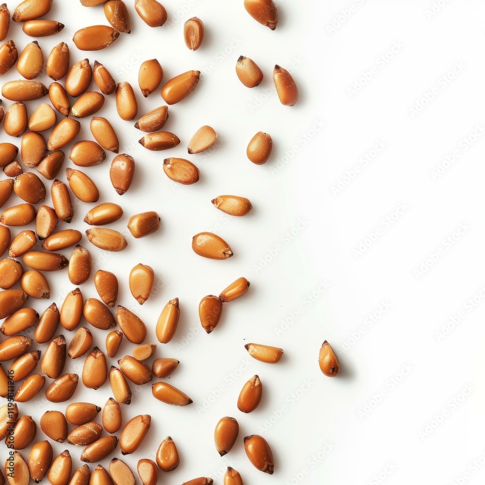 Poster pine nuts scattered on a white background, creating a natural and textured border