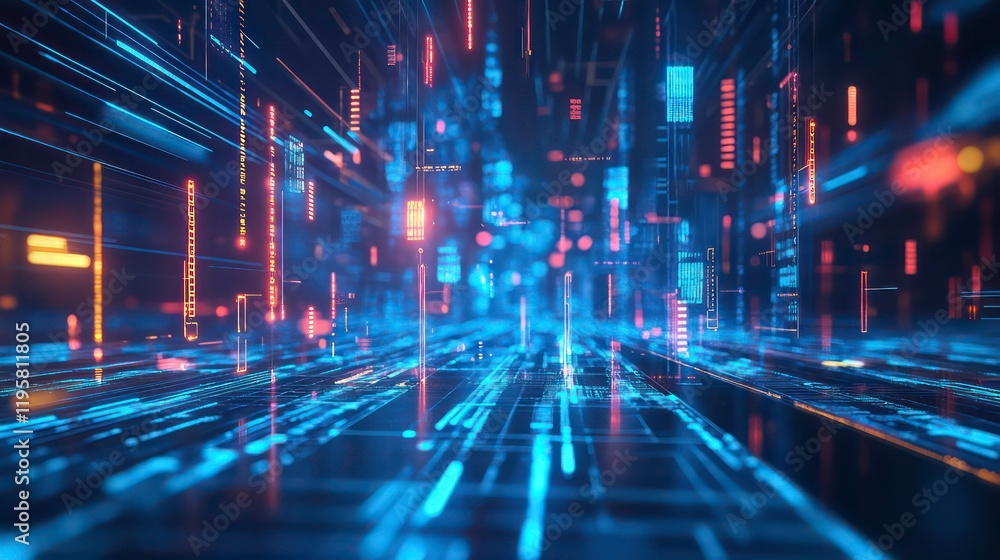 Poster Abstract digital landscape with glowing lines and data streams.