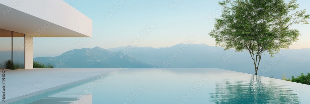 Aufkleber luxurious architecture with infinity pool reflecting sunset light over a breathtaking mountain range
