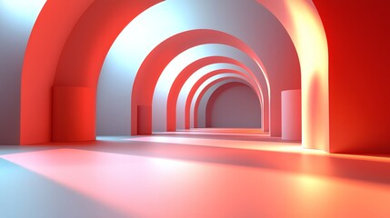 Naklejka premium Abstract Arched Corridor: A mesmerizing architectural composition featuring a series of arches in red and white, creating a surreal and inviting tunnel of light and shadow.