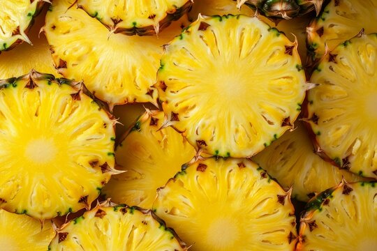 Ripe pineapple cut into round slices, creating a vibrant pattern of yellow and green