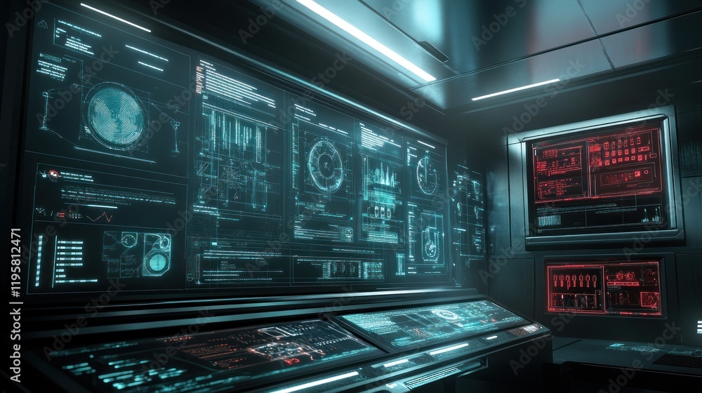 Poster Futuristic Control Room Displays Data And System Information