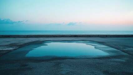 Serene Ocean View with Puddle Reflection at Sunset