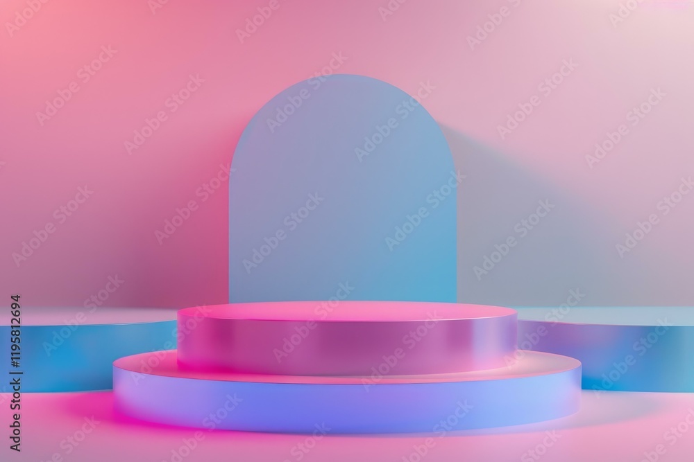 Poster pink and blue neon illuminated podium displaying products on a soft gradient background
