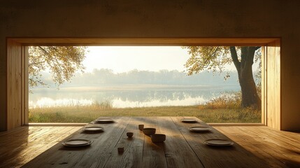Wooden table set for a meal overlooking a tranquil autumn lake