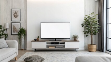 Televisión con pantalla blanca en una sala moderna y minimalista
