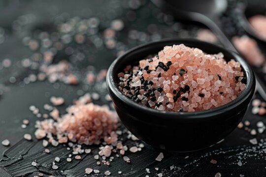 Pink himalayan salt crystals and black hawaiian lava salt are creating a colorful mixture in a black bowl on a dark background - Powered by Adobe