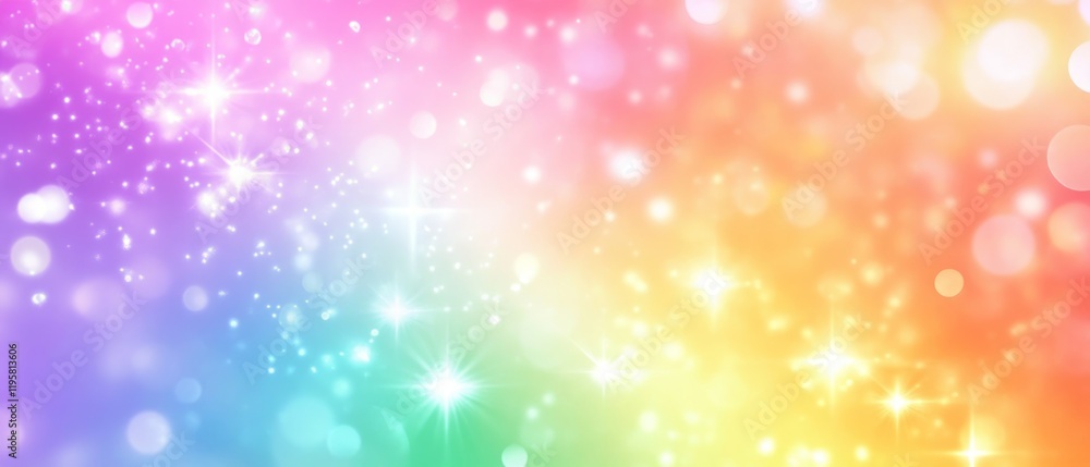 Poster create a cheerful and vibrant banner template with a pastel rainbow gradient and sparkling effects