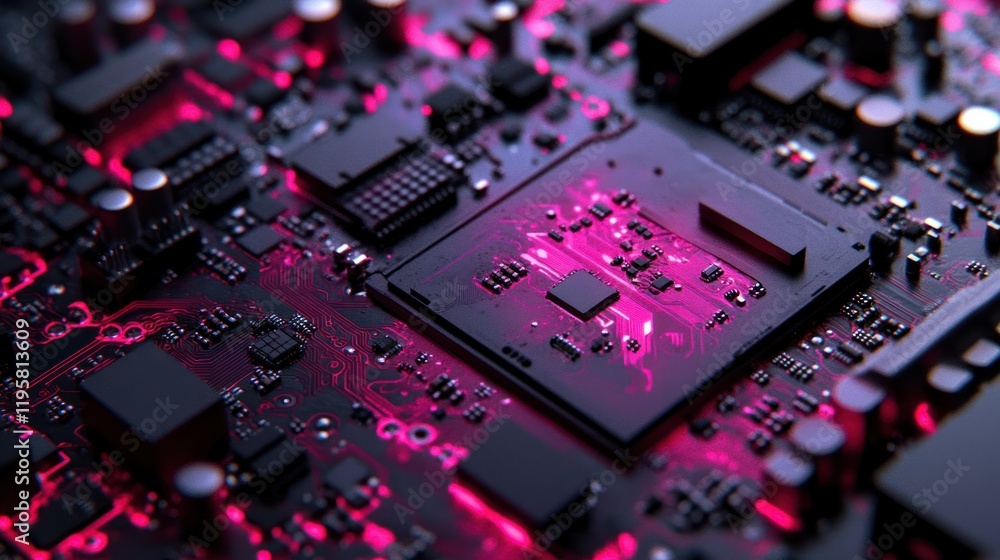 Poster illuminated circuit board shows integrated microchip technology
