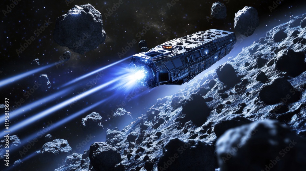 Poster spaceship navigating asteroid field in deep space