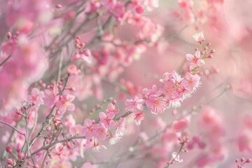 Obraz premium Pink cherry blossoms blooming on tree branches, creating a beautiful springtime scene