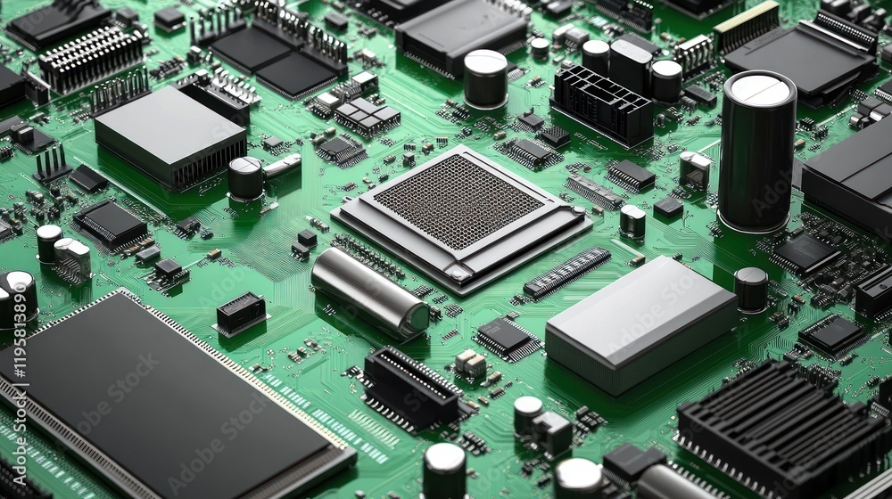 Poster detailed closeup of a green circuit board with components