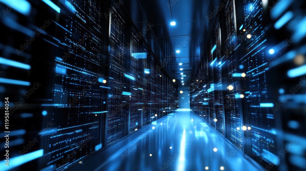 Poster Illuminated Server Room Corridor Showing Data Flow
