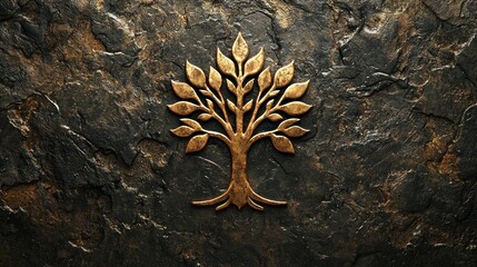 Golden Tree of Life on Dark Stone Background: Symbol of Growth, Nature, and Eternity