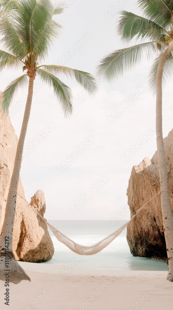 Poster white hammock hanging between two palm trees on beautiful white sand beach with turquoise water and 