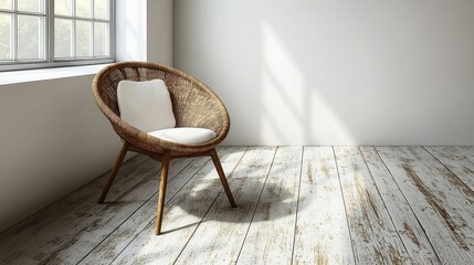 Sunlight Illuminates Wicker Chair in Minimalist Room