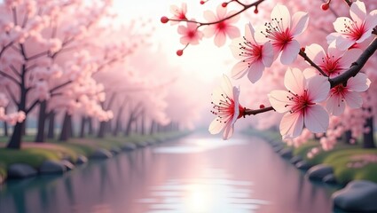 Obraz premium La belleza de la naturaleza: cerezos en flor junto a un río apacible en primavera