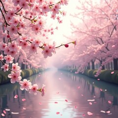 Tranquilidad primaveral: cerezos en flor sobre un río en calma bajo el sol
