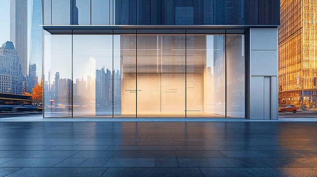 Empty modern storefront facade, city skyline, glass, urban