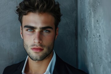 Fototapeta premium Handsome businessman posing against grey background.