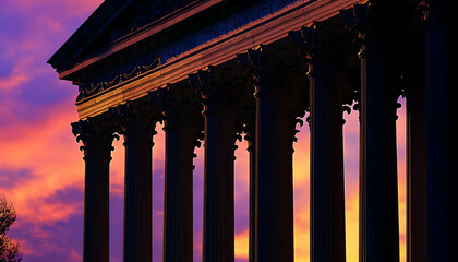 Dramatic dusk silhouette Supreme Court building colonnade columns shadows.