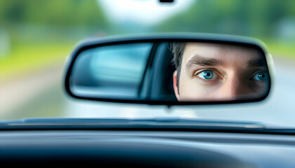 Driver's focused gaze in the rearview mirror, car interior close-up shot