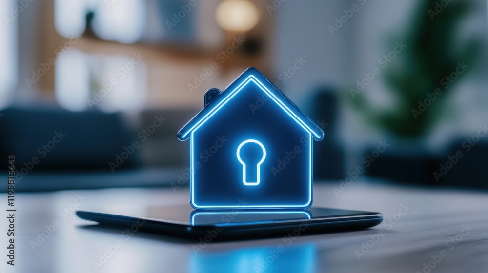 Aufkleber modern smart home concept with neon house icon and security keyhole on a mobile device display
