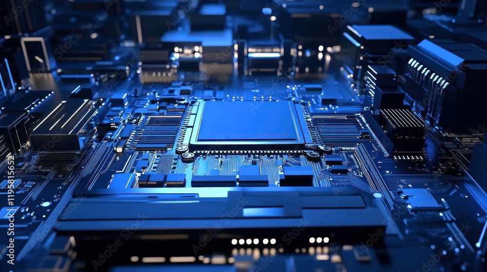 Poster closeup of a modern computer motherboard circuit board