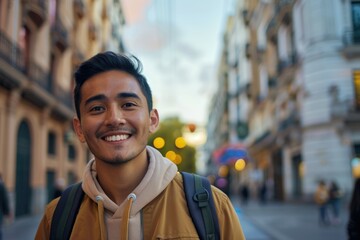 Fototapeta premium Young hispanic man smiling happy standing at the city.