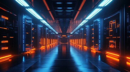 Futuristic Neon Lit Corridor With Servers