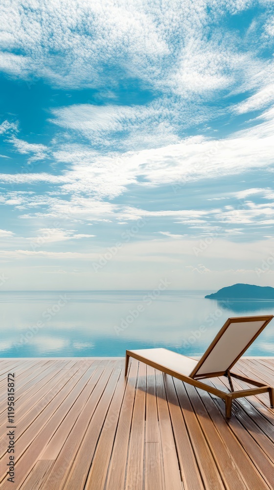 Poster luxurious resort infinity pool blending with a calm ocean under a beautiful cloudy sky, featuring a 