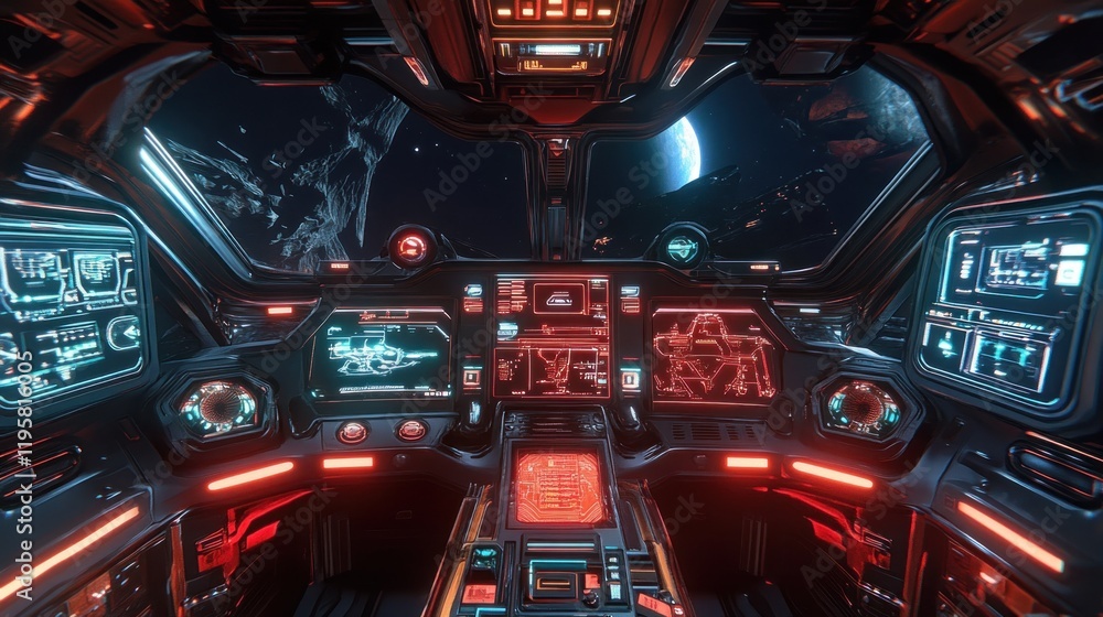 Poster futuristic spaceship cockpit view showing space and planet